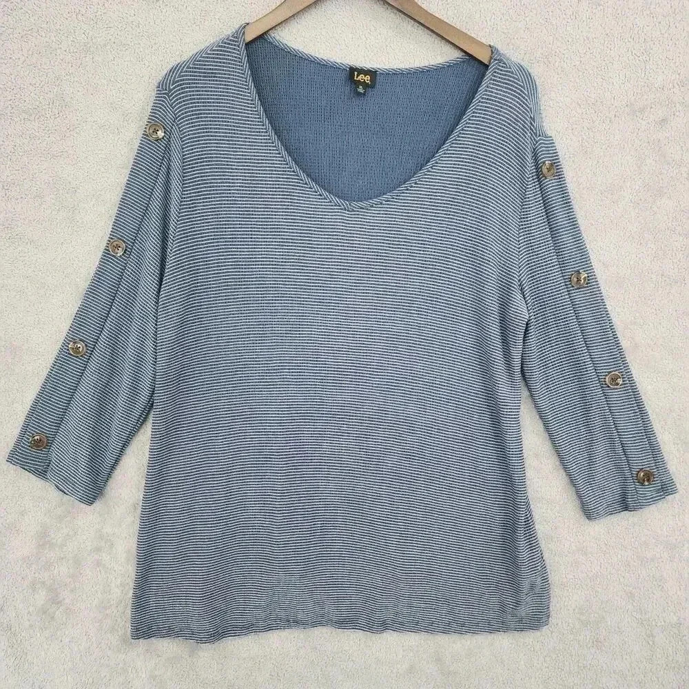 💥   Striped Button Sleeve Top XL Blue White 15PT